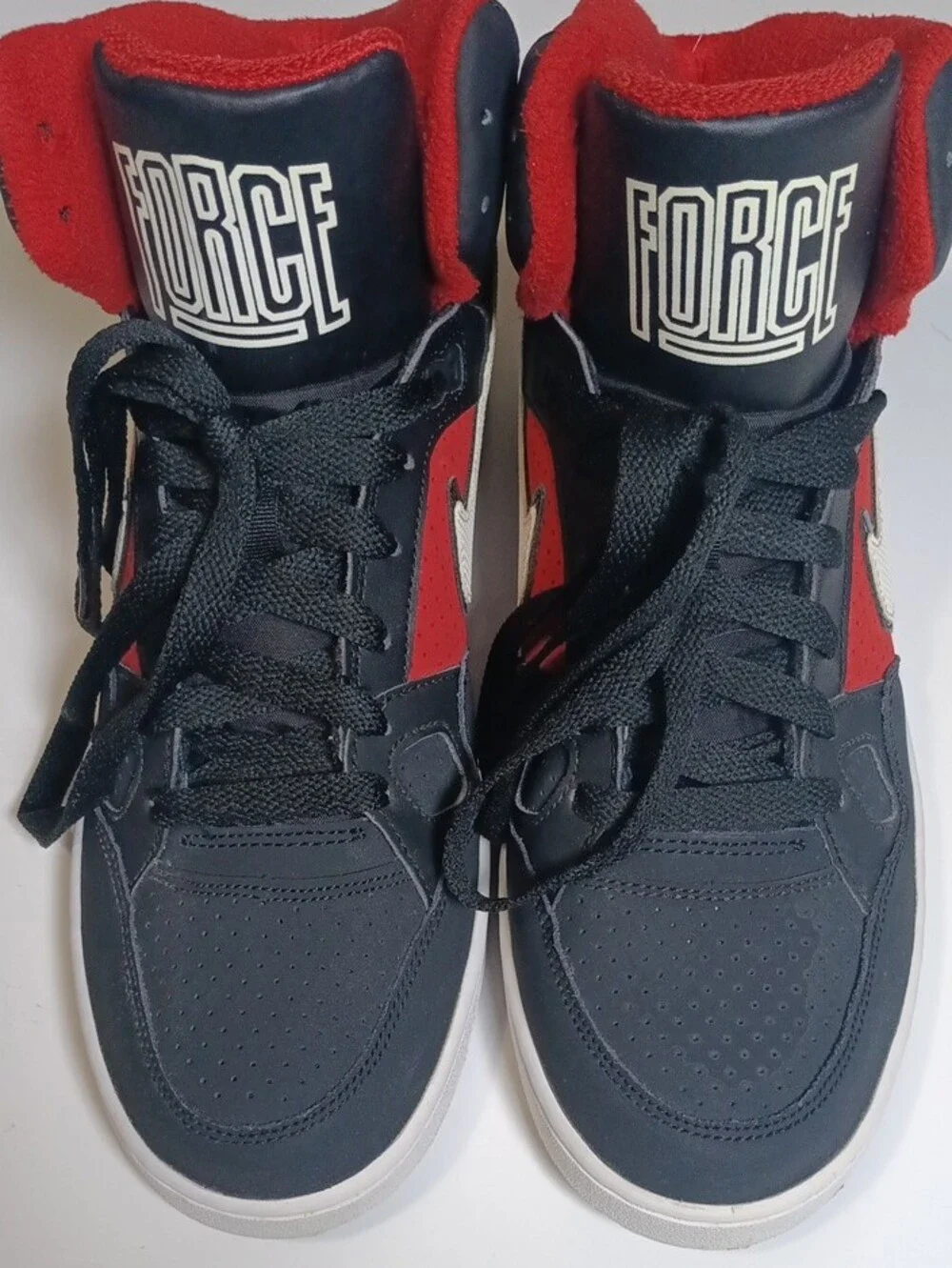 Nike 2015 Force Men's High-Top Sneakers in Black, Red and White Swoosh